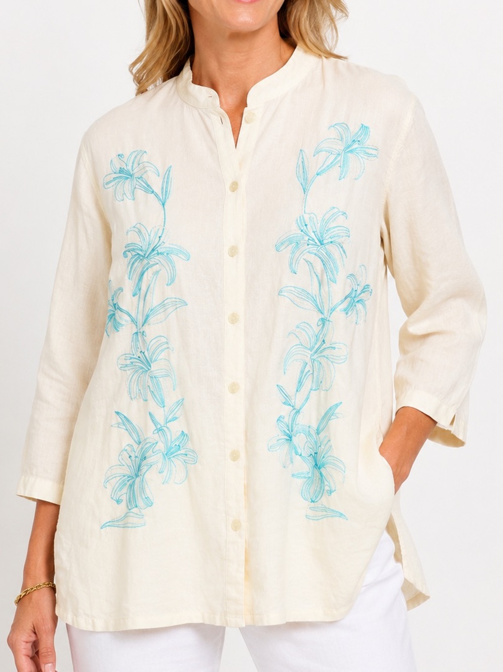 Erika Woman Linen Blend Embroidered Tunic Shirt Jacket Cream Blue 2X